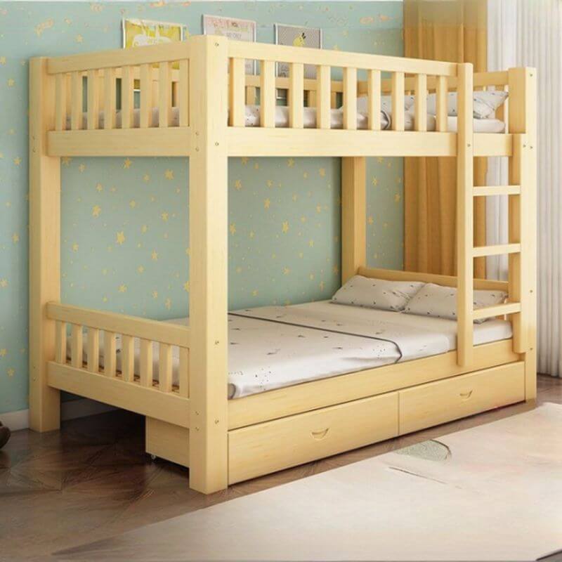Modern Wood Bunk Bed with Storage Drawers, Natural Finish