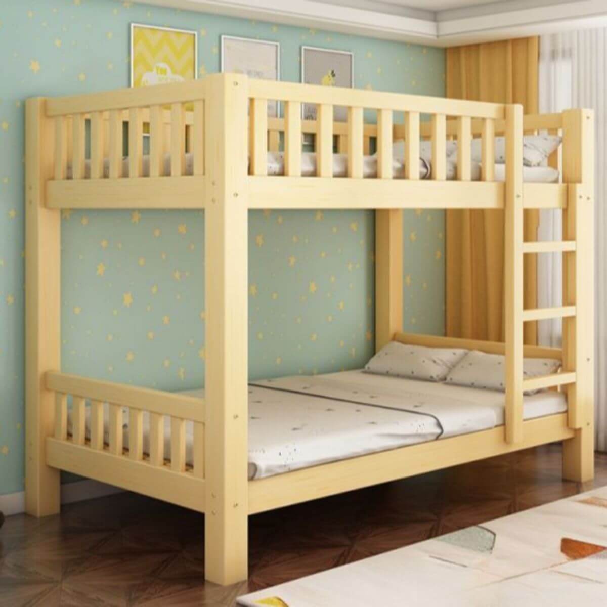 Modern Wood Bunk Bed with Storage Drawers, Natural Finish