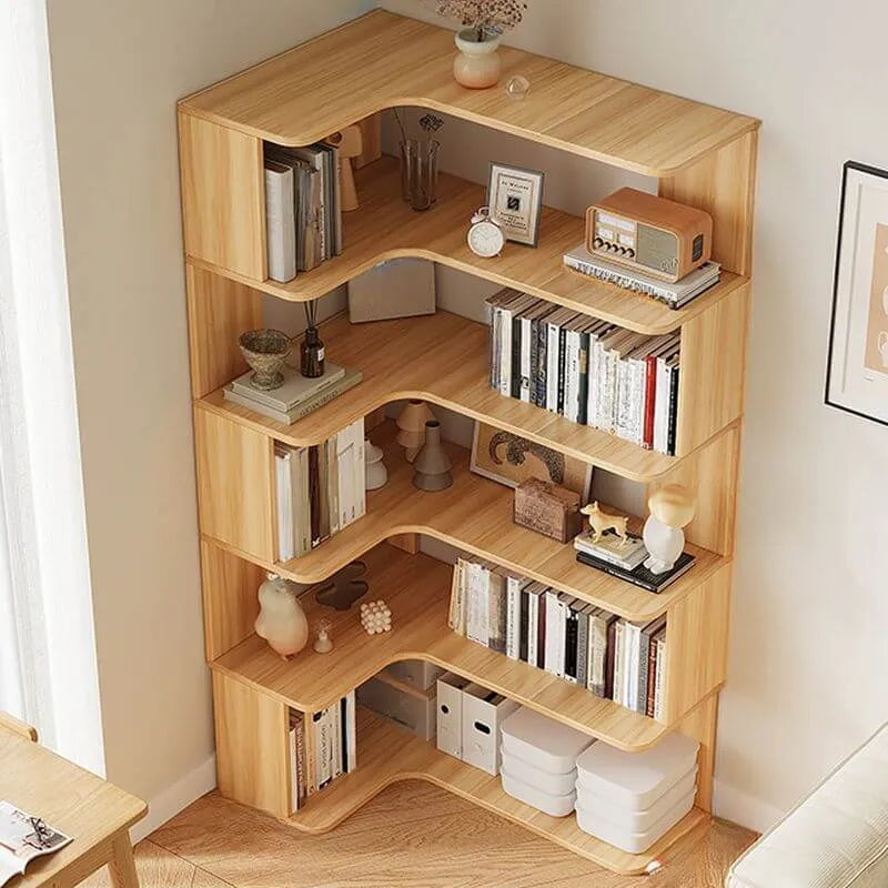 Modern Wood Corner Bookcase with 5-6 Shelves and Closed Back