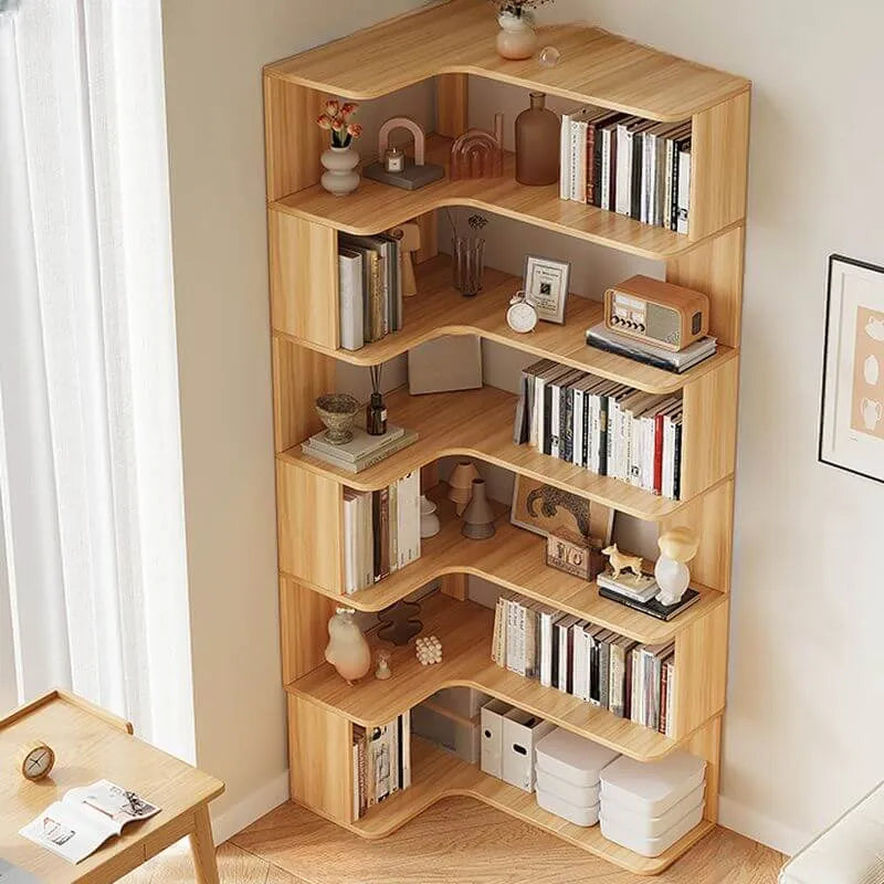 Modern Wood Corner Bookcase with 5-6 Shelves and Closed Back