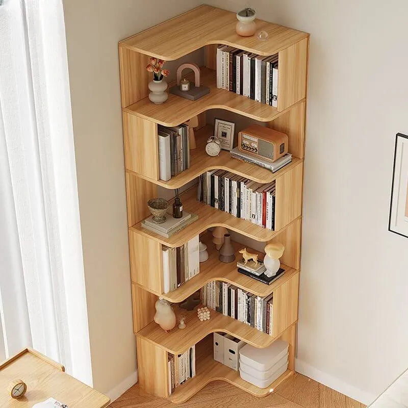 Modern Wood Corner Bookcase with 5-6 Shelves and Closed Back