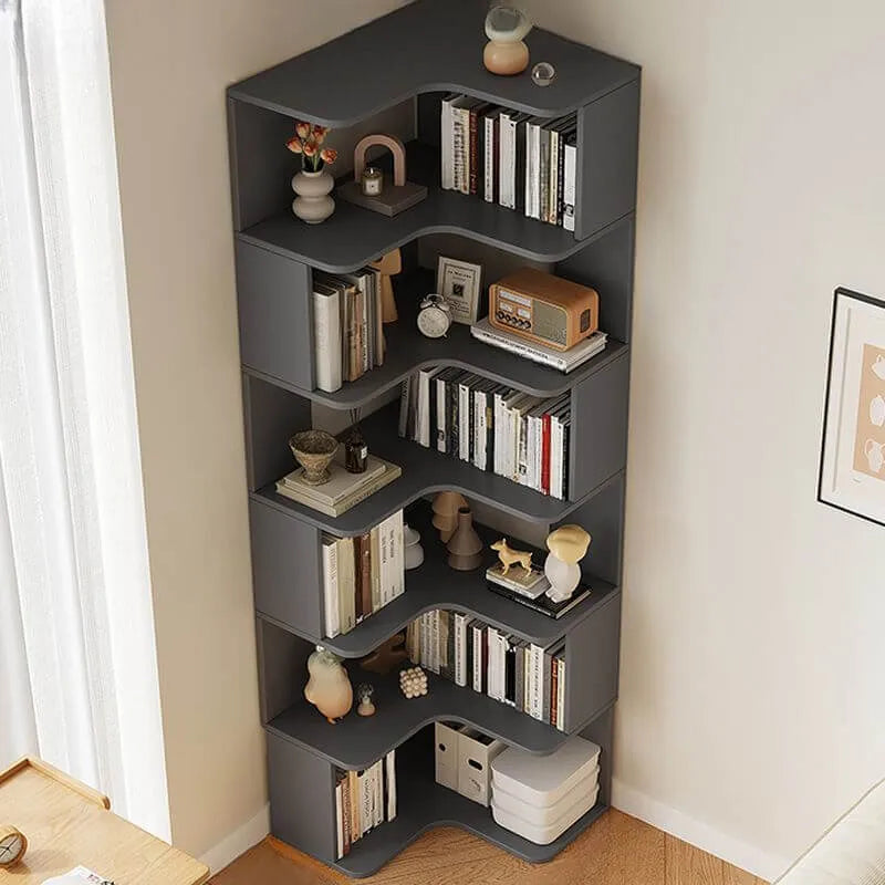 Modern Wood Corner Bookcase with 5-6 Shelves and Closed Back
