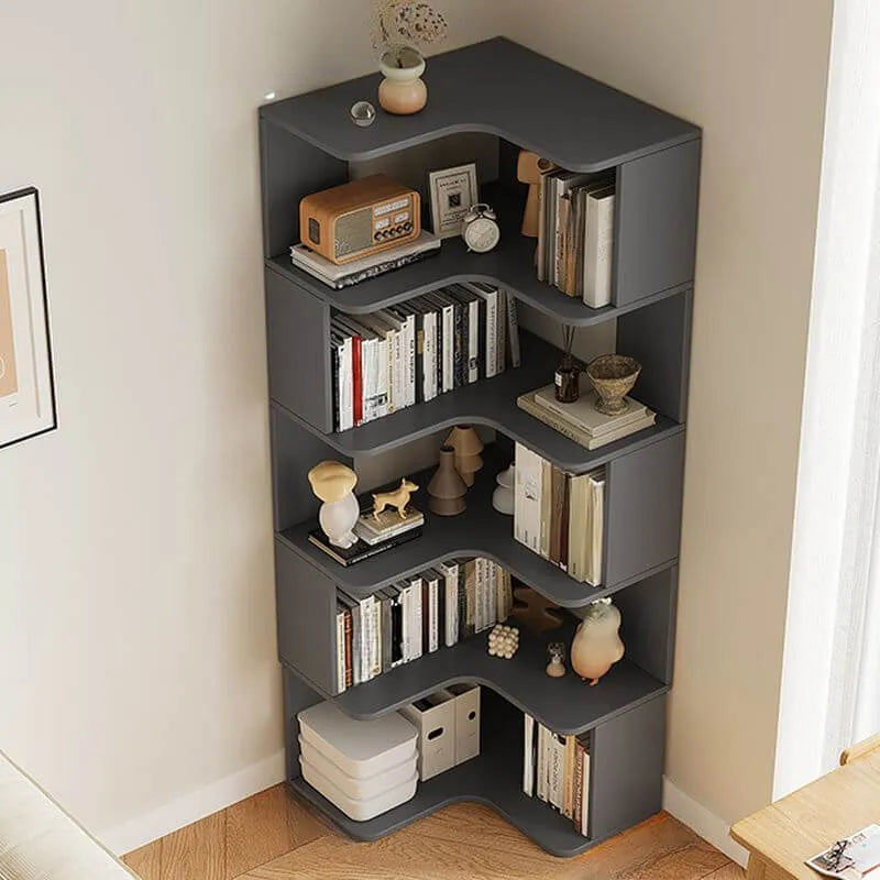 Modern Wood Corner Bookcase with 5-6 Shelves and Closed Back