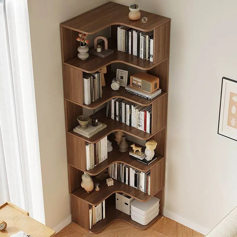 Modern Wood Corner Bookcase with 5-6 Shelves and Closed Back