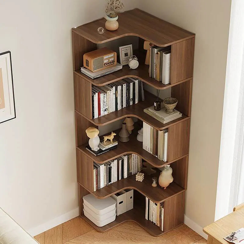 Modern Wood Corner Bookcase with 5-6 Shelves and Closed Back