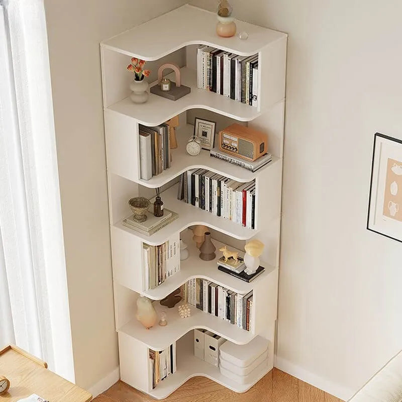 Modern Wood Corner Bookcase with 5-6 Shelves and Closed Back