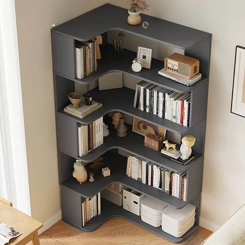 Modern Wood Corner Bookcase with 5-6 Shelves and Closed Back