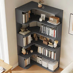 Modern Wood Corner Bookcase with 5-6 Shelves and Closed Back