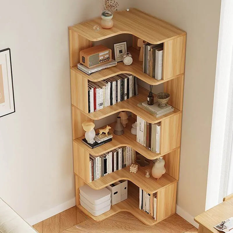 Modern Wood Corner Bookcase with 5-6 Shelves and Closed Back