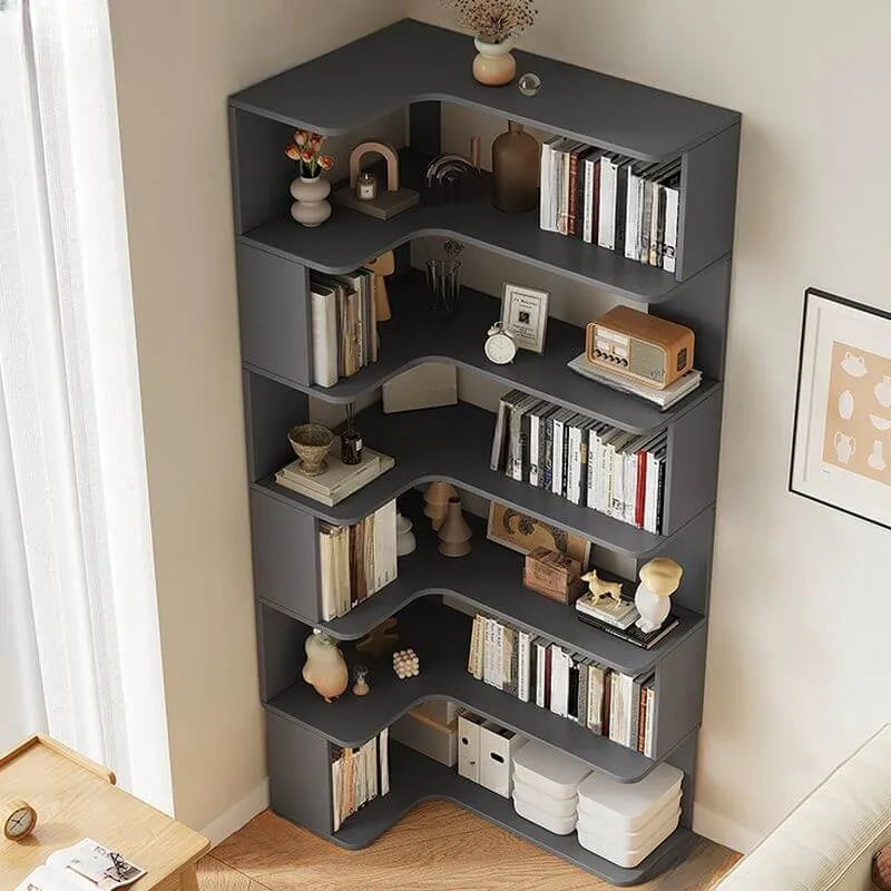 Modern Wood Corner Bookcase with 5-6 Shelves and Closed Back