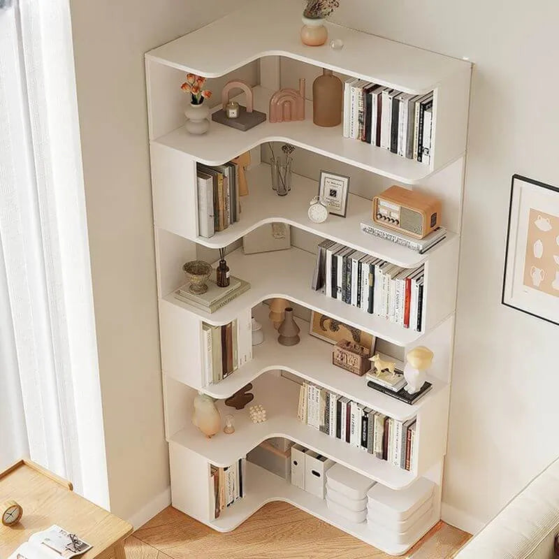 Modern Wood Corner Bookcase with 5-6 Shelves and Closed Back