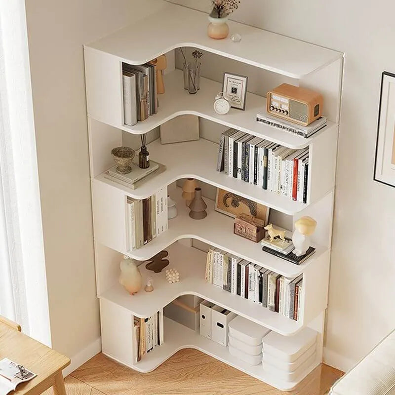 Modern Wood Corner Bookcase with 5-6 Shelves and Closed Back