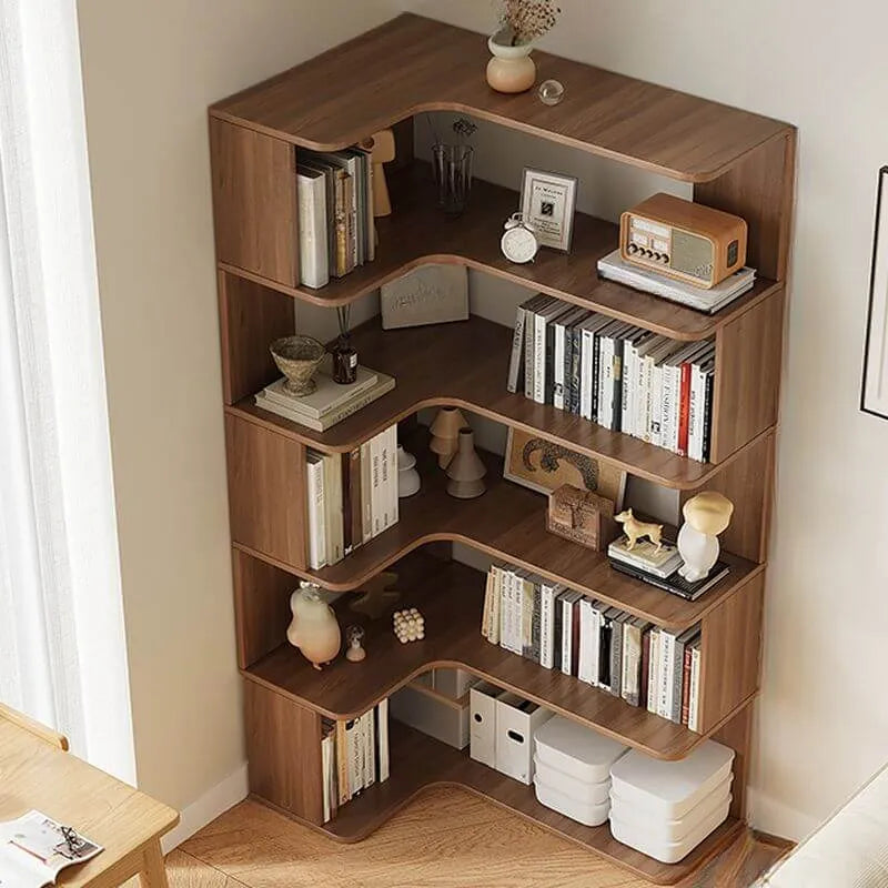 Modern Wood Corner Bookcase with 5-6 Shelves and Closed Back