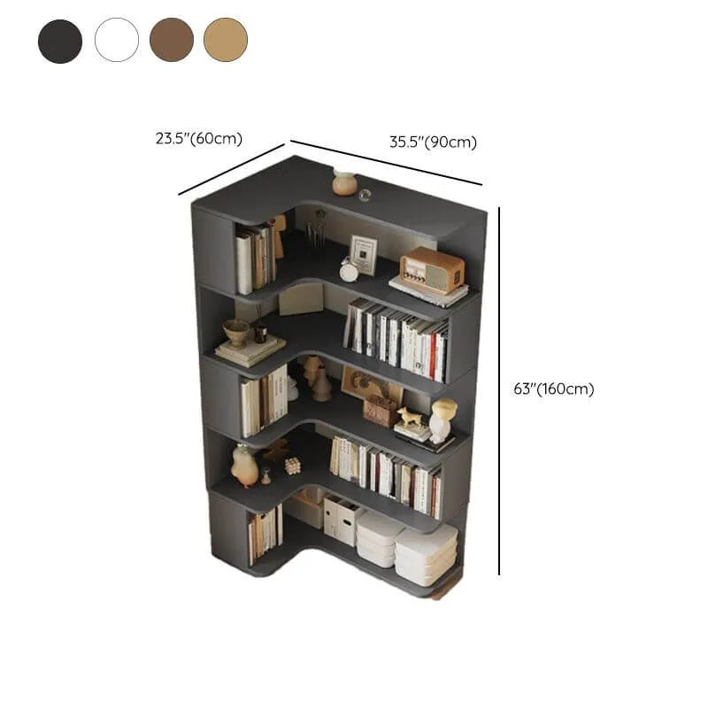 Modern Wood Corner Bookcase with 5-6 Shelves and Closed Back Dimensions