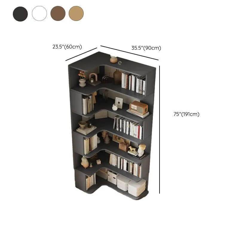 Modern Wood Corner Bookcase with 5-6 Shelves and Closed Back Dimensions