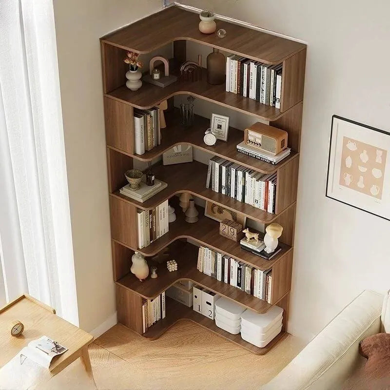 Modern Wood Corner Bookcase with Open Back & Adjustable Shelves