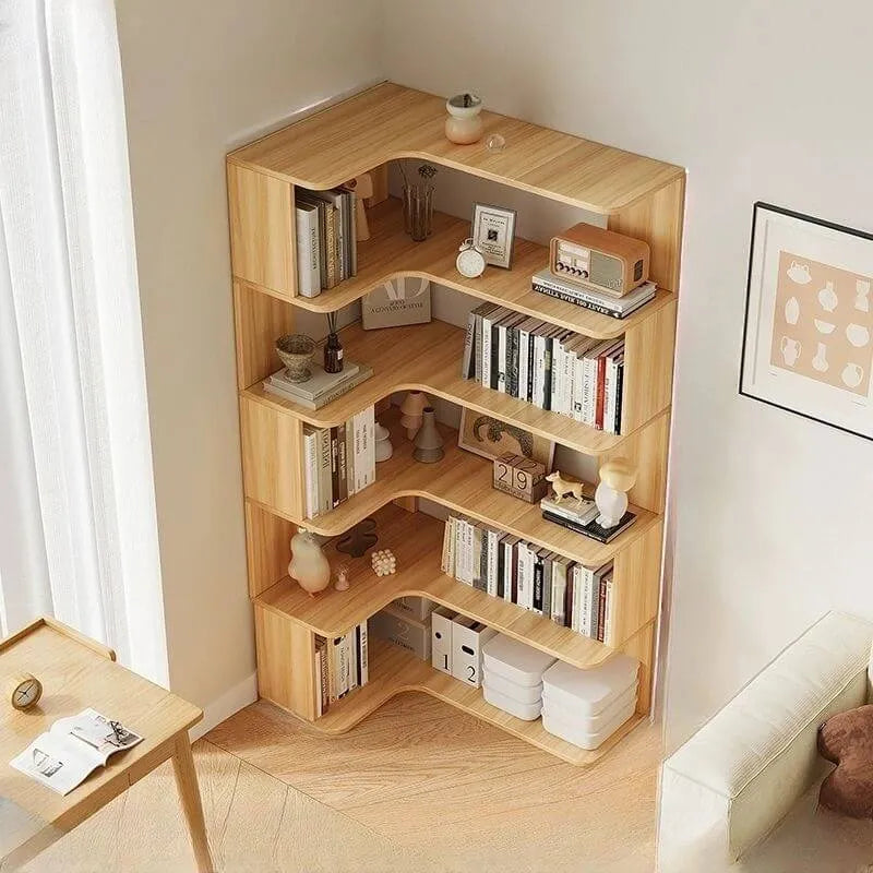 Modern Wood Corner Bookcase with Open Back & Adjustable Shelves