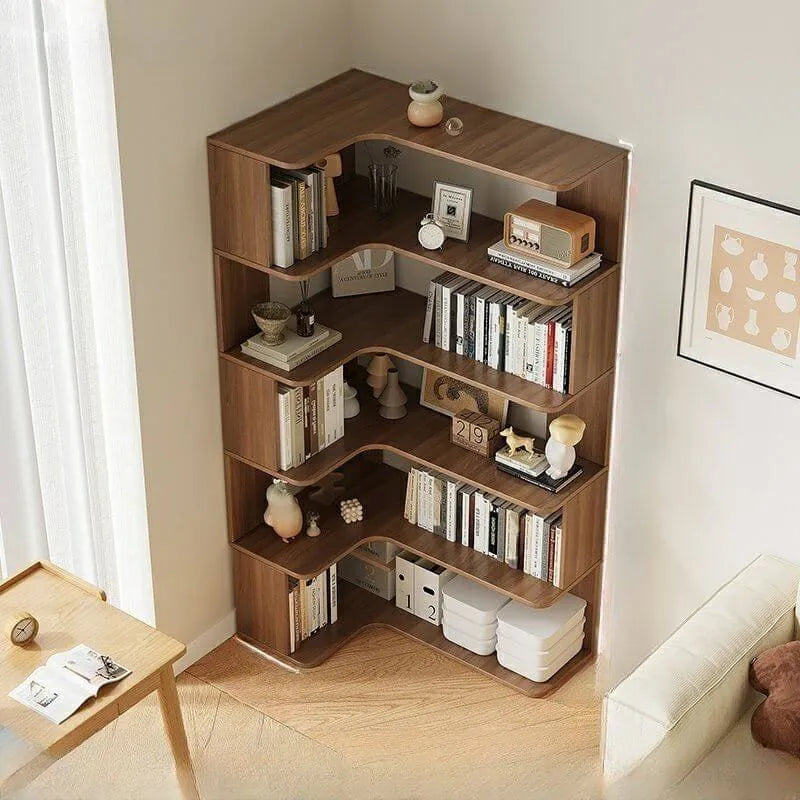 Modern Wood Corner Bookcase with Open Back & Adjustable Shelves