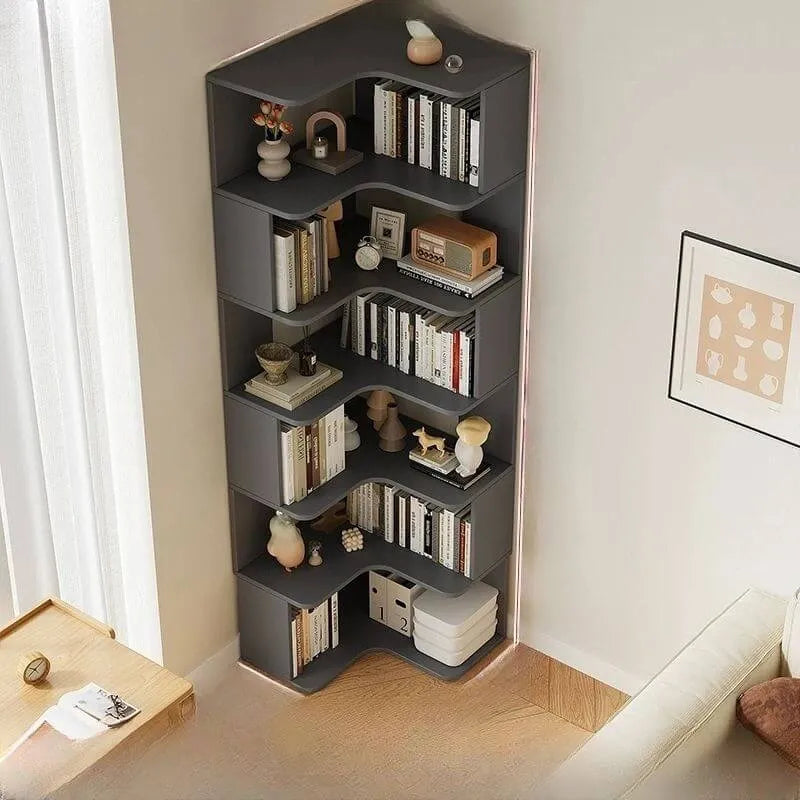 Modern Wood Corner Bookcase with Open Back & Adjustable Shelves