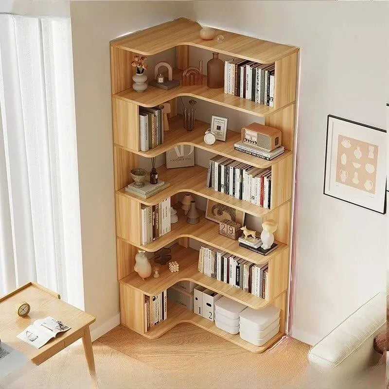 Modern Wood Corner Bookcase with Open Back & Adjustable Shelves