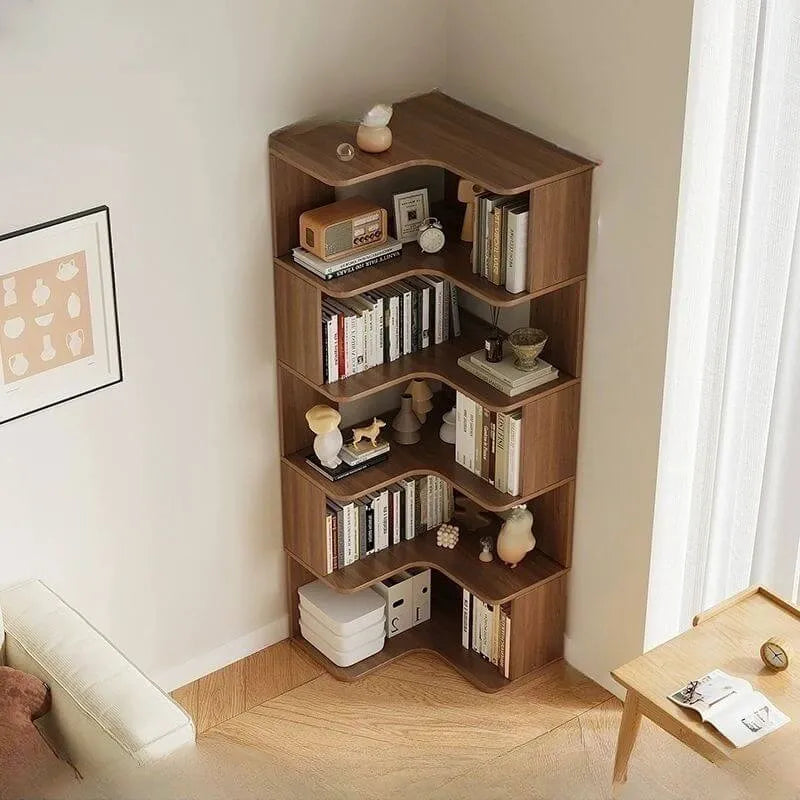 Modern Wood Corner Bookcase with Open Back & Adjustable Shelves
