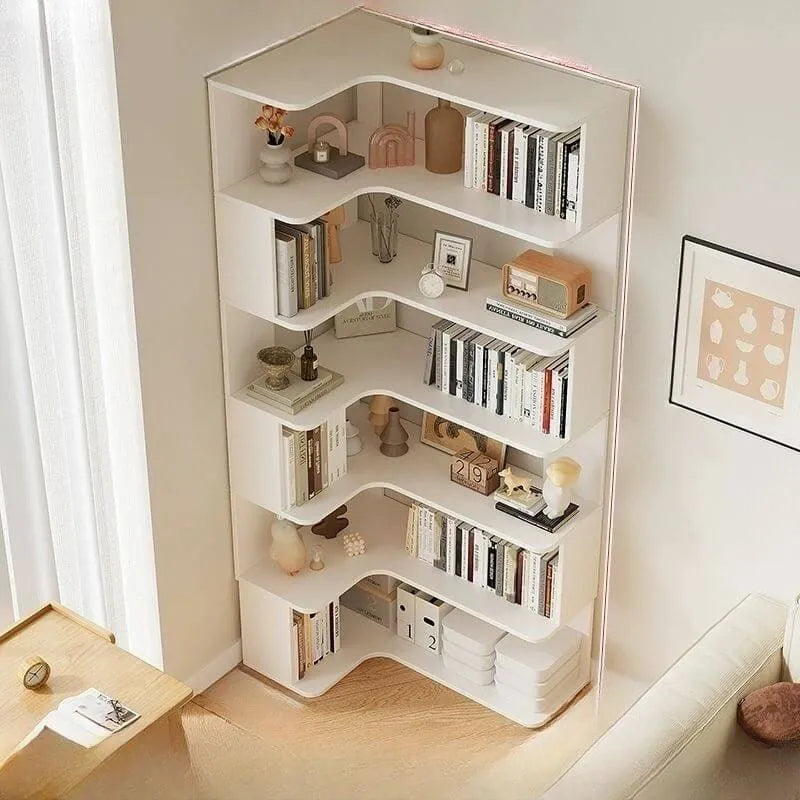Modern Wood Corner Bookcase with Open Back & Adjustable Shelves