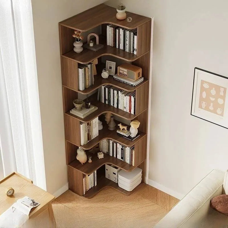 Modern Wood Corner Bookcase with Open Back & Adjustable Shelves