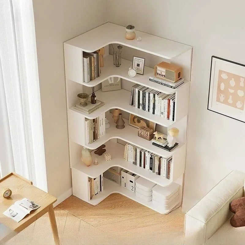 Modern Wood Corner Bookcase with Open Back & Adjustable Shelves
