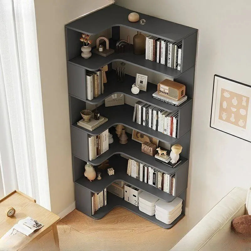 Modern Wood Corner Bookcase with Open Back & Adjustable Shelves