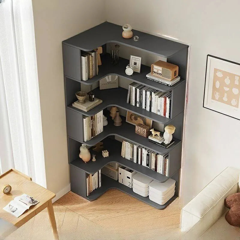 Modern Wood Corner Bookcase with Open Back & Adjustable Shelves
