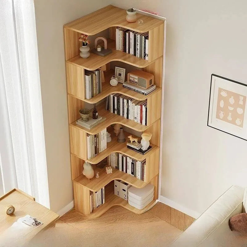 Modern Wood Corner Bookcase with Open Back & Adjustable Shelves