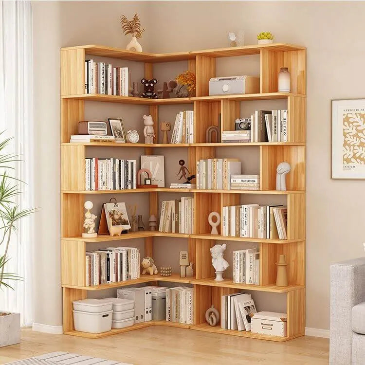 Modern Wood Corner Bookcase with Open Back & Adjustable Shelves Main Product Image Imagen principal del producto