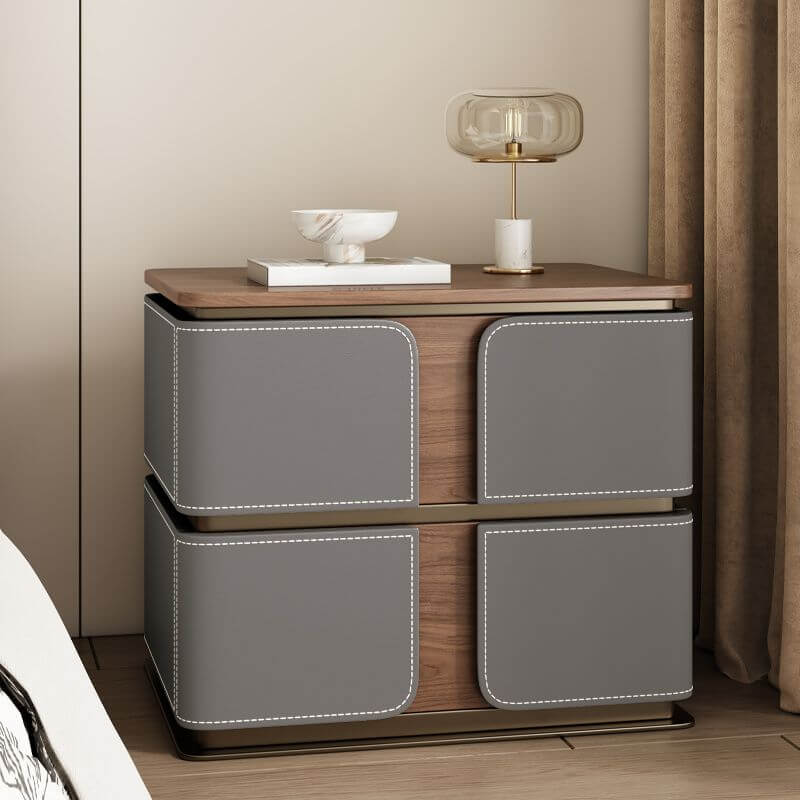 Modern Wood Drawer Storage Nightstand with Leather-Textured Panels