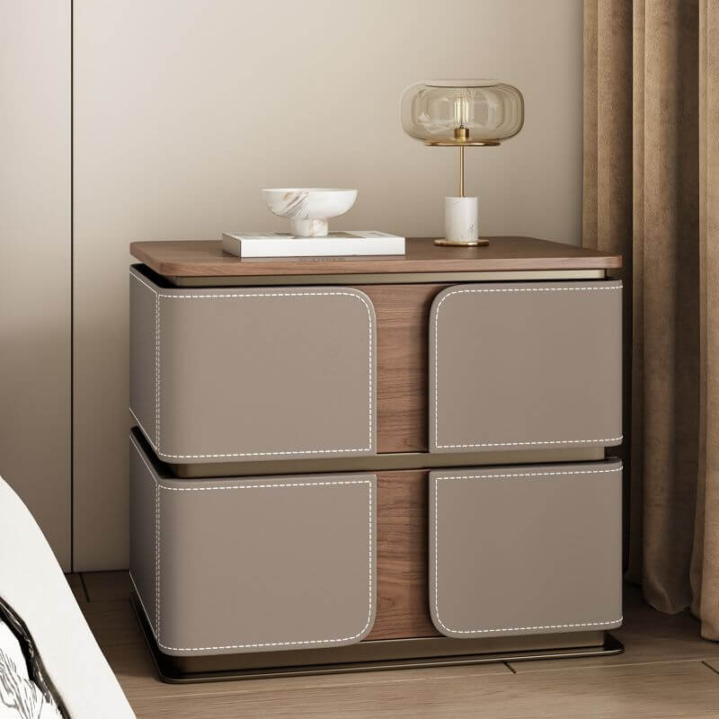 Modern Wood Drawer Storage Nightstand with Leather-Textured Panels