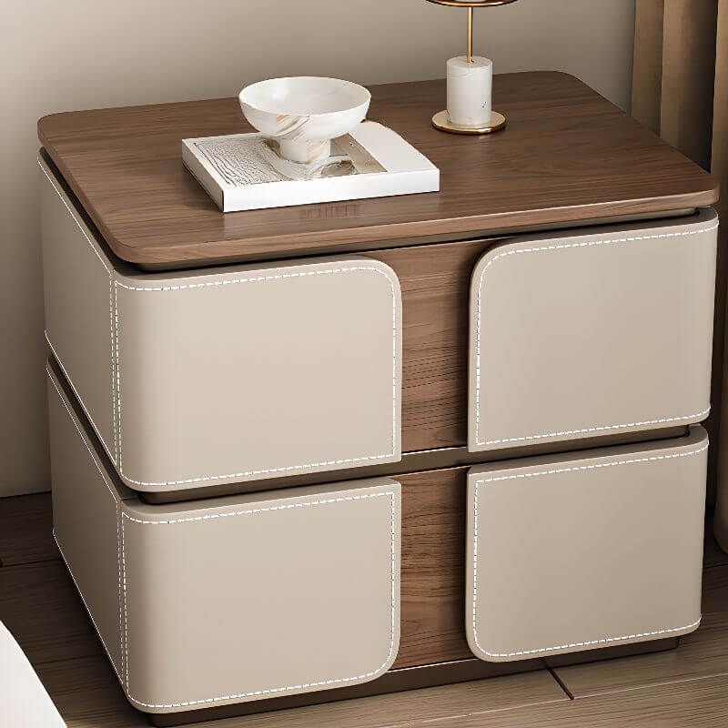 Modern Wood Drawer Storage Nightstand with Leather-Textured Panels