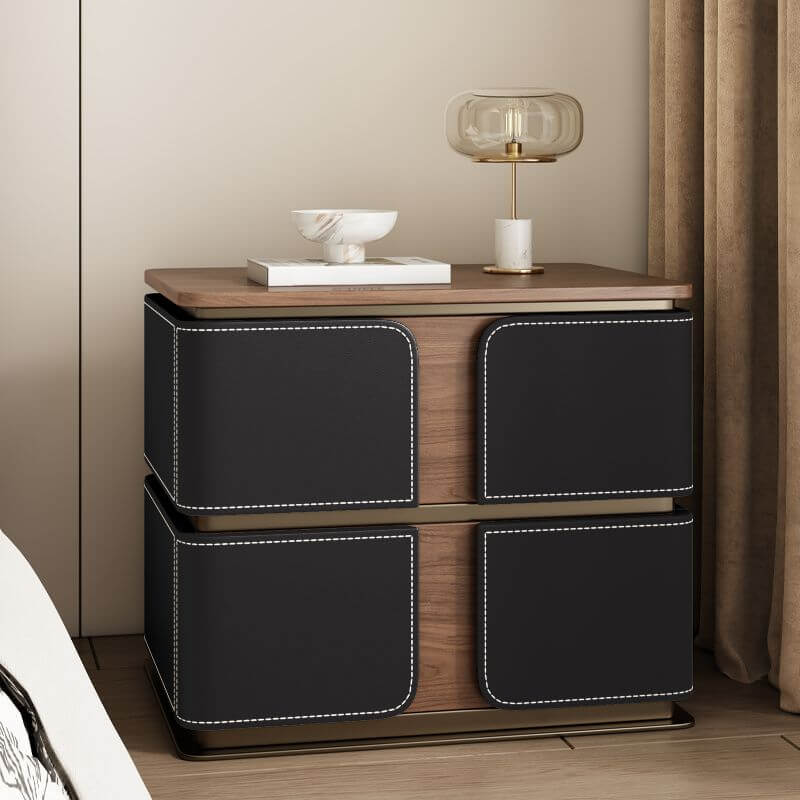 Modern Wood Drawer Storage Nightstand with Leather-Textured Panels
