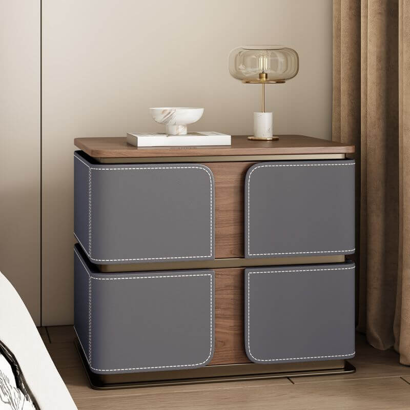 Modern Wood Drawer Storage Nightstand with Leather-Textured Panels