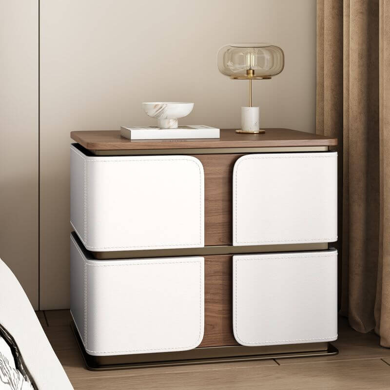 Modern Wood Drawer Storage Nightstand with Leather-Textured Panels