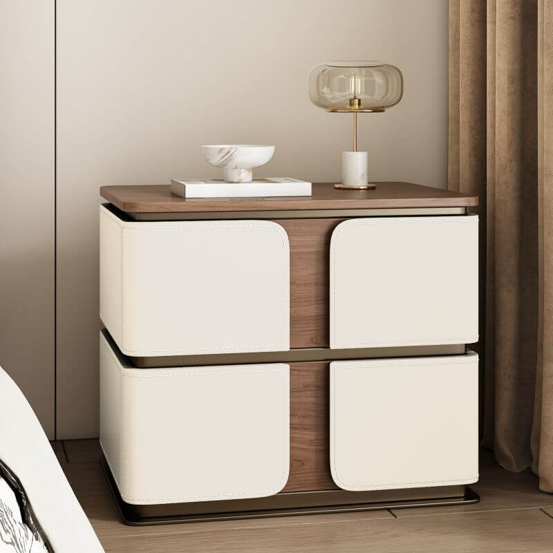Modern Wood Drawer Storage Nightstand with Leather-Textured Panels