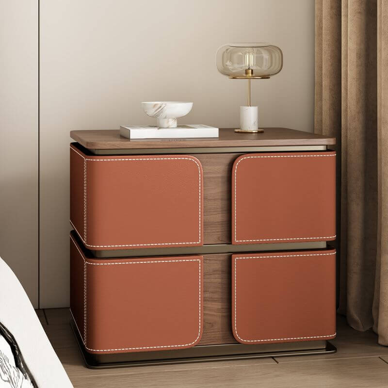 Modern Wood Drawer Storage Nightstand with Leather-Textured Panels