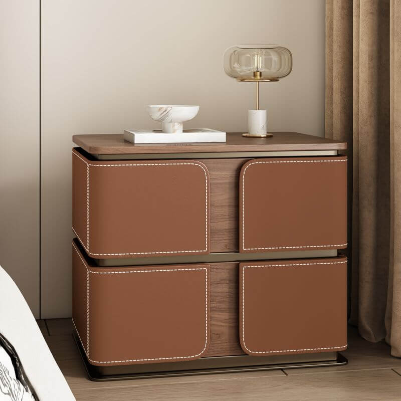Modern Wood Drawer Storage Nightstand with Leather-Textured Panels