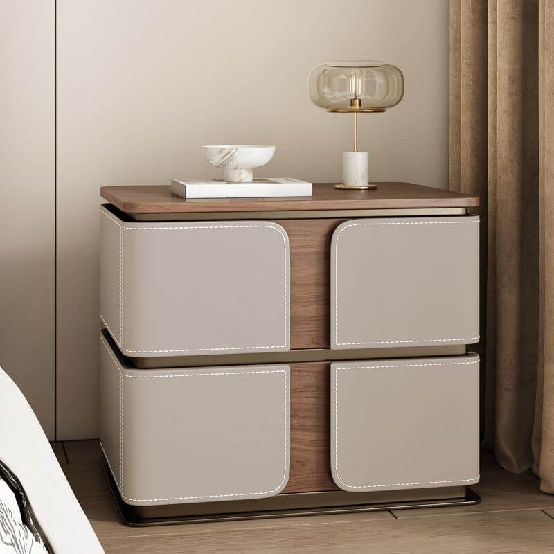 Modern Wood Drawer Storage Nightstand with Leather-Textured Panels