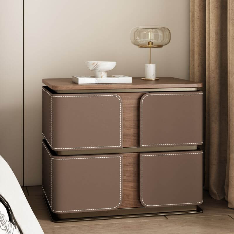 Modern Wood Drawer Storage Nightstand with Leather-Textured Panels