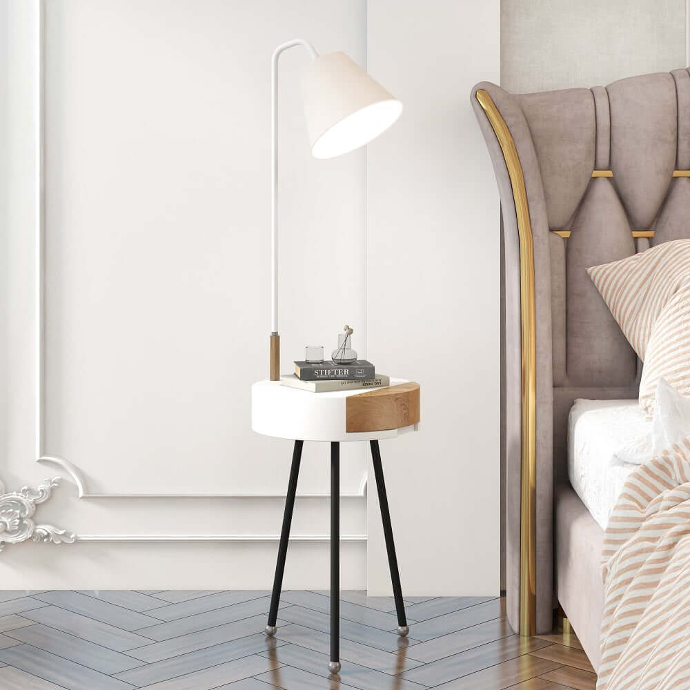 Modern Wood & Fabric Floor Lamp with End Table Zweitbild