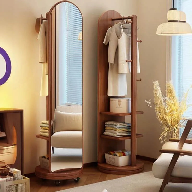 Modern Wood Hall Tree with Rotating Mirror and Open Storage