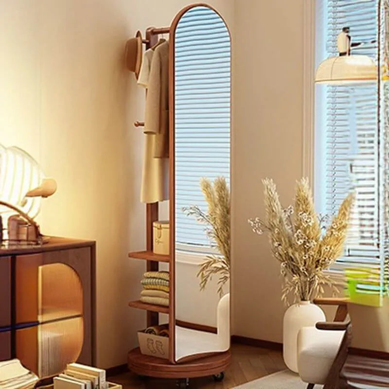 Modern Wood Hall Tree with Rotating Mirror and Open Storage Secondary image