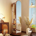 Modern Wood Hall Tree with Rotating Mirror and Open Storage
