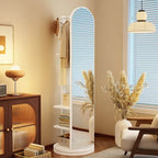 Modern Wood Hall Tree with Rotating Mirror and Open Storage