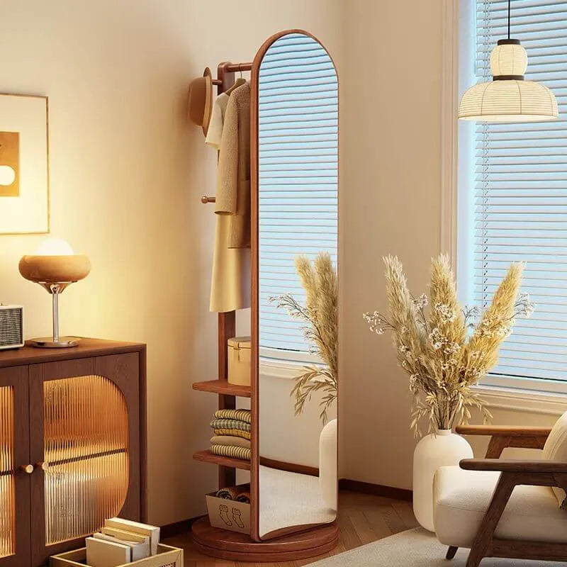 Modern Wood Hall Tree with Rotating Mirror and Open Storage