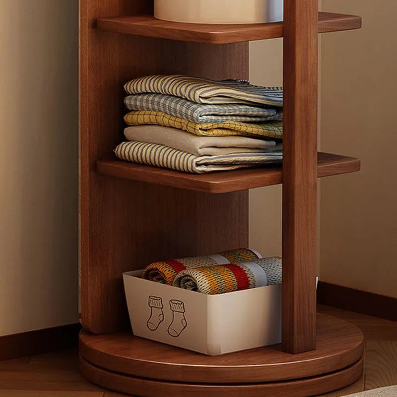 Modern Wood Hall Tree with Rotating Mirror and Open Storage